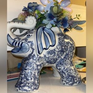 Blue and White Elephant Vase with Floral Arrangement